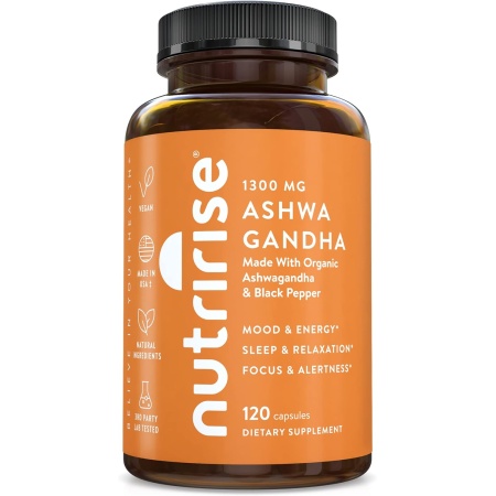 NutriRise Ashwagandha 1300mg, Organic Ashwagandha Root Powder & Black Pepper Extract - 120 Capsules. 100% Pure Ashwagandha مسحوق جذور اشوجاندا العضوية النقية 100% ، 1300 مجم مع مستخلص الفلفل الأسود ، 120 كبسولة