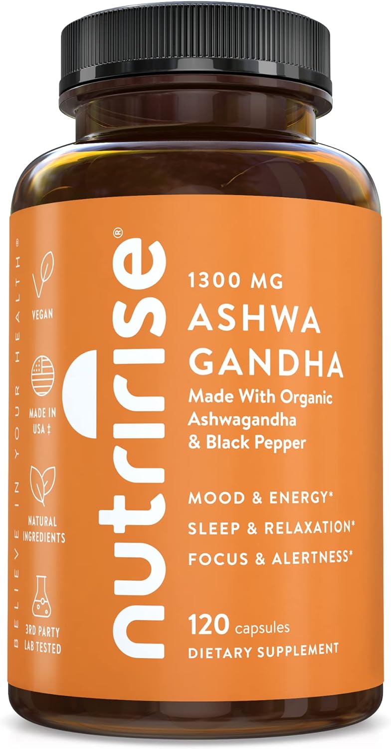 NutriRise Ashwagandha 1300mg, Organic Ashwagandha Root Powder & Black Pepper Extract - 120 Capsules. 100% Pure Ashwagandha مسحوق جذور اشوجاندا العضوية النقية 100% ، 1300 مجم مع مستخلص الفلفل الأسود ، 120 كبسولة