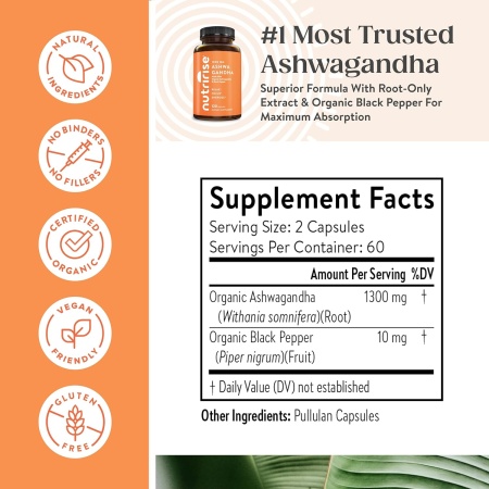 ingredients of NutriRise Ashwagandha 1300mg, Organic Ashwagandha Root Powder & Black Pepper Extract – 120 Capsules. 100% Pure Ashwagandha