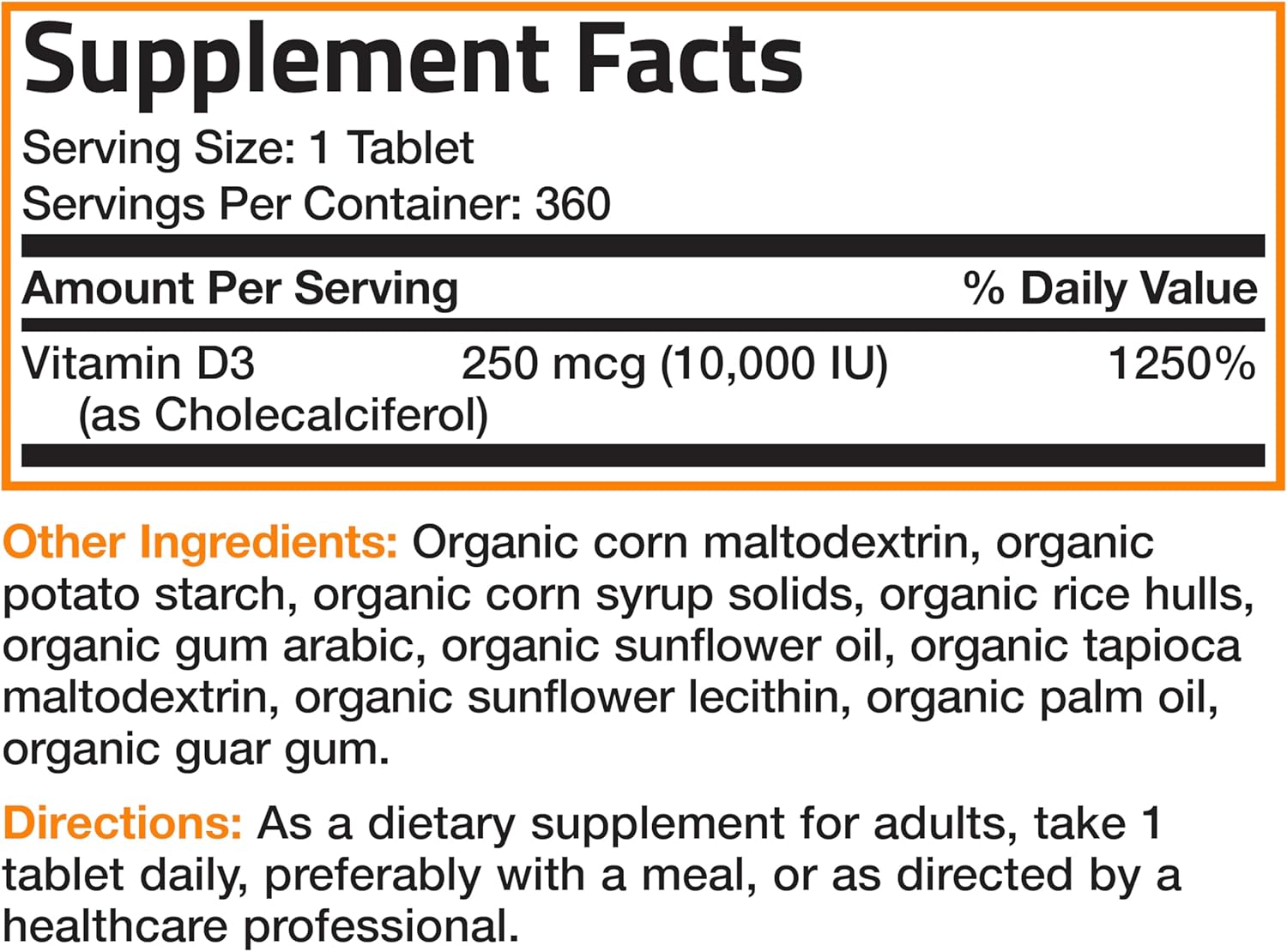 ingredients of Bronson Vitamin D3 10000