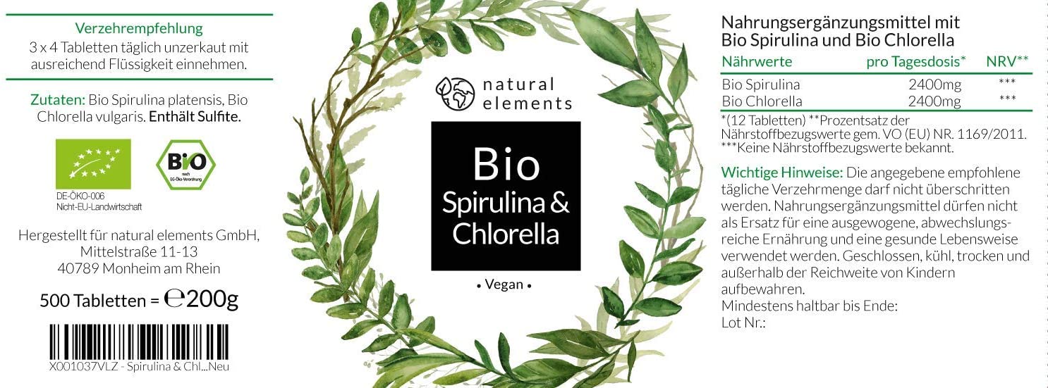 Natural Elements Organic Spirulina & Chlorella Tablets, Ingredients