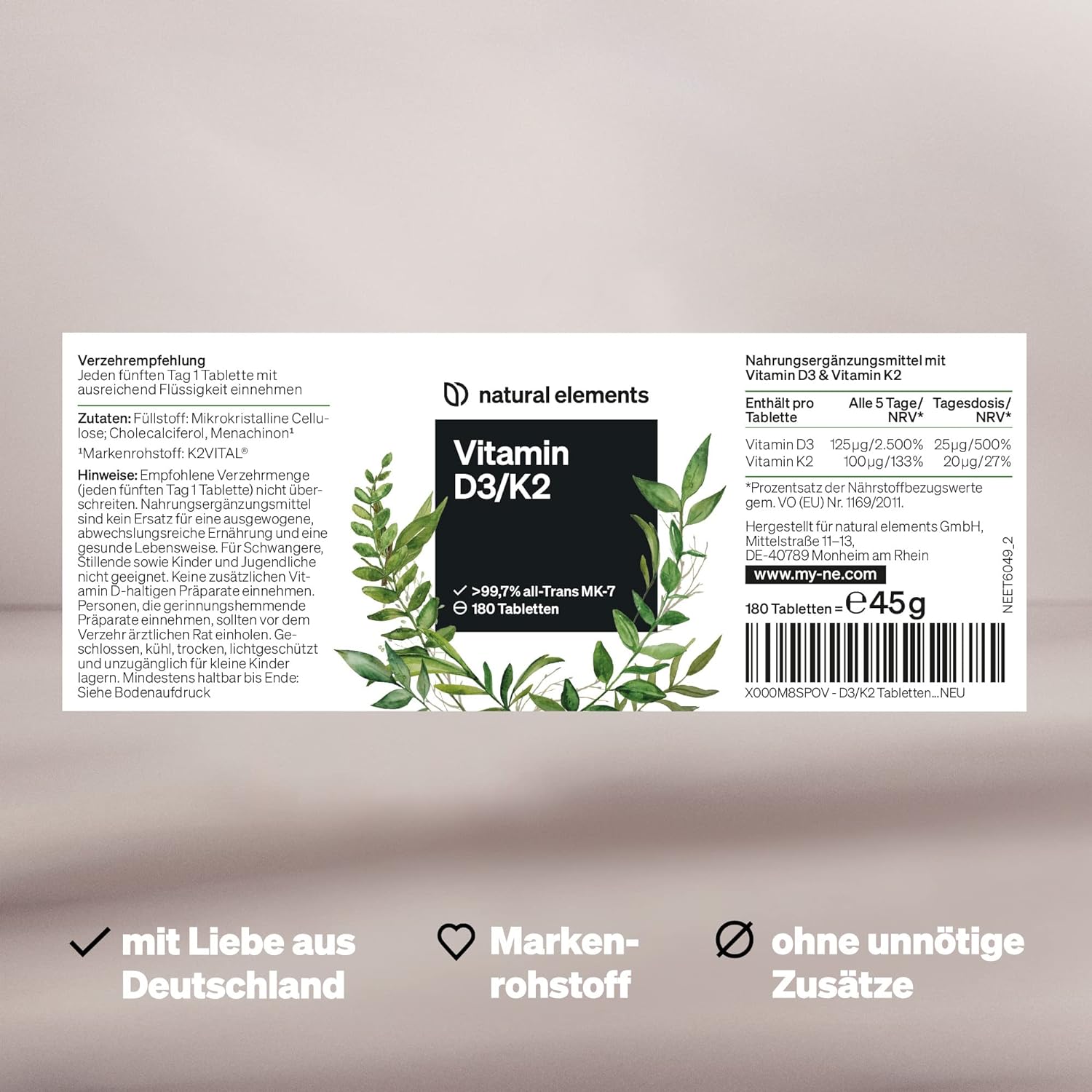 ingredients of natural elements vitamin d3 and K2