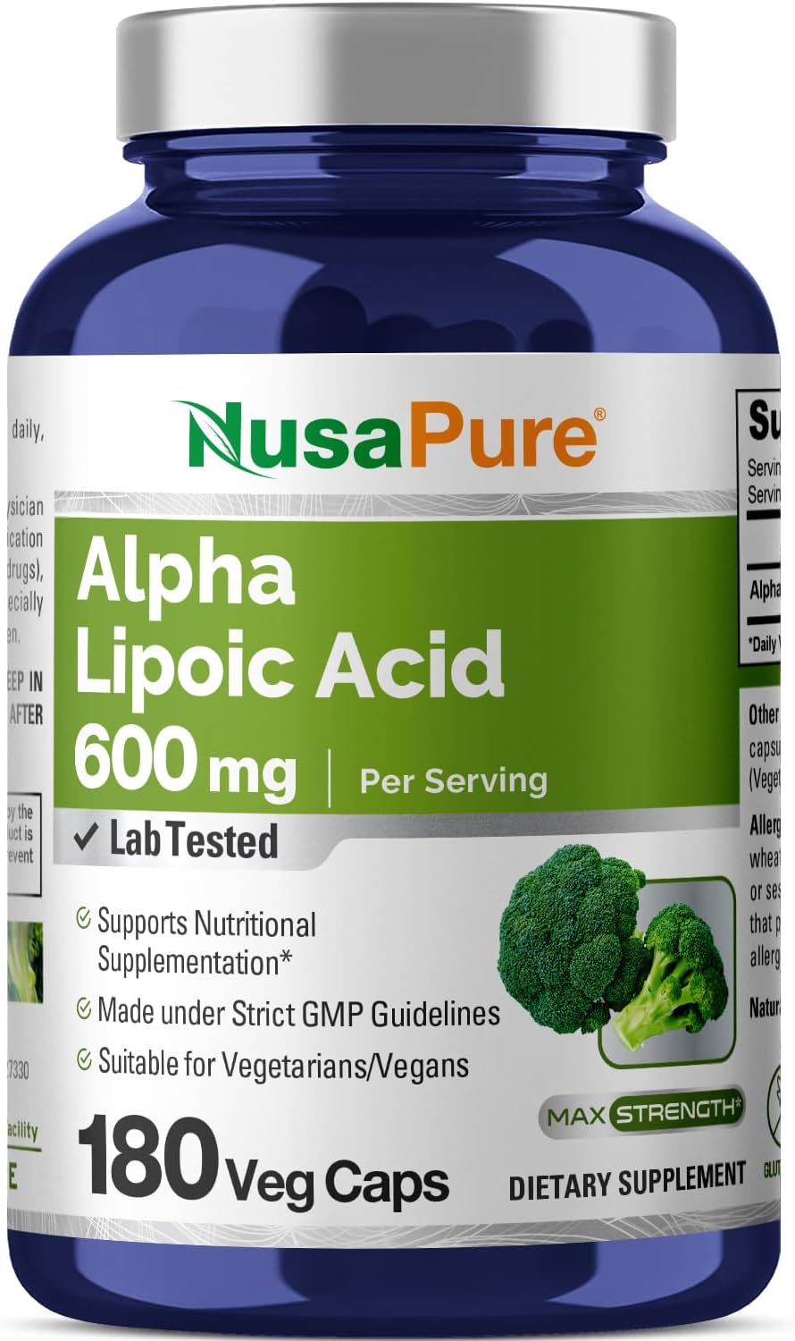 Nusapure Alpha Lipoic Acid 600mg,for Healthy Weight Management, Athletic Performance,180 Capsules حمض ألفا ليبويك 600 مجم للكبسولة ، مثالى لفقدان الوزن ، يحارب الشيخوخة والتجاعيد ، 180 كبسولة