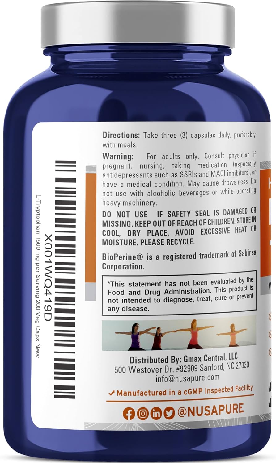 Nusapure, L-Tryptophan 1500 mg, 200 Capsules - Image 3