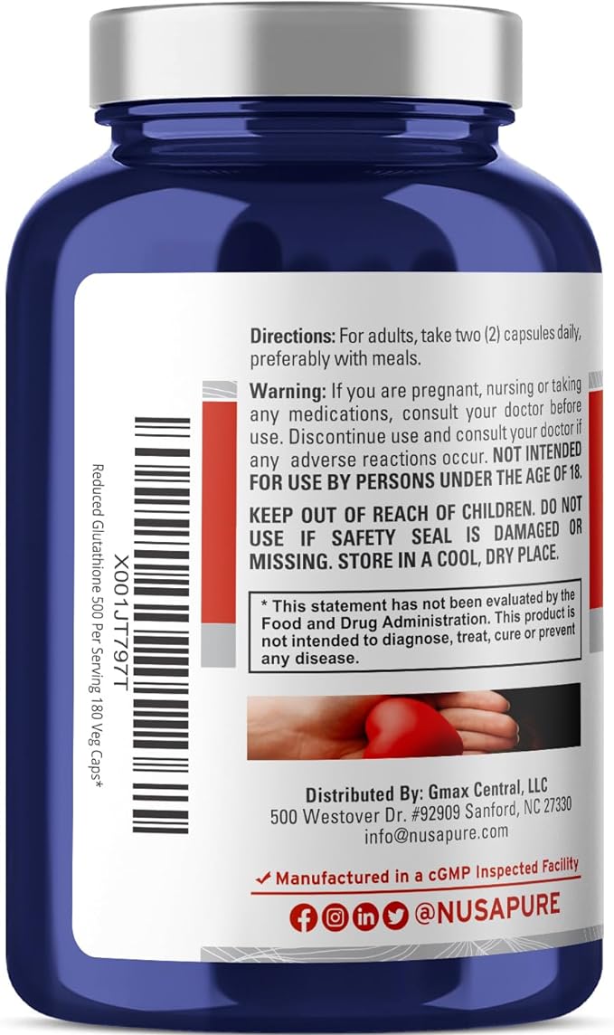 NusaPure Reduced Glutathione 500mg 180 Veggie Capsules