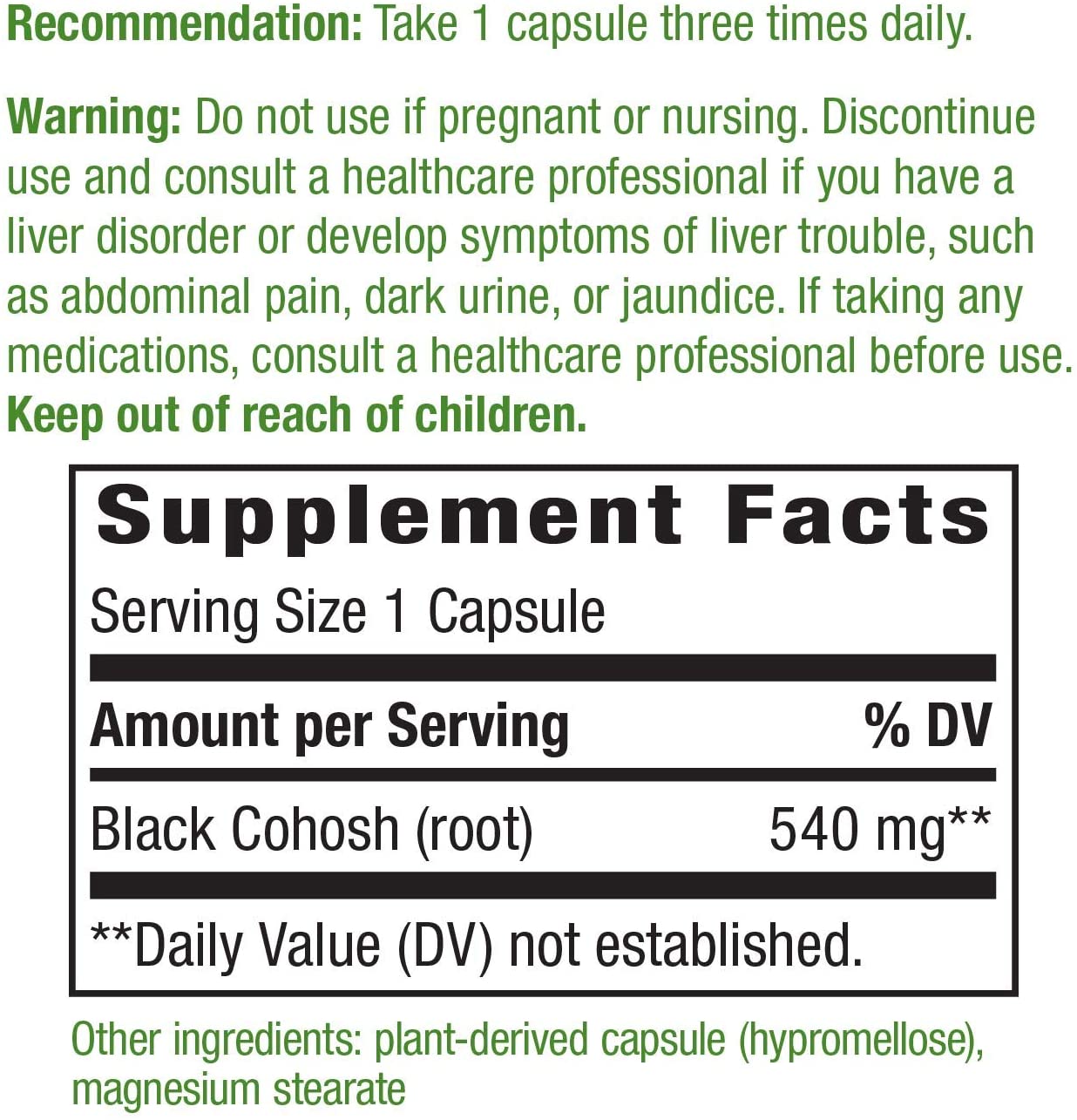 Nature's Way Black Cohosh Root 540 mg per serving, Ingredients