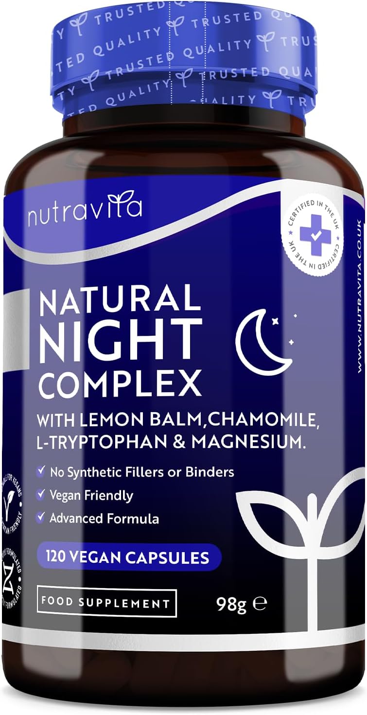 Nutravita Natural Night Complex– with Lemon Balm, Chamomile, 5HTP, Magnesium, Vitamin B12 –120 Capsules منتج طبيعي للنوم 120 كبسولة