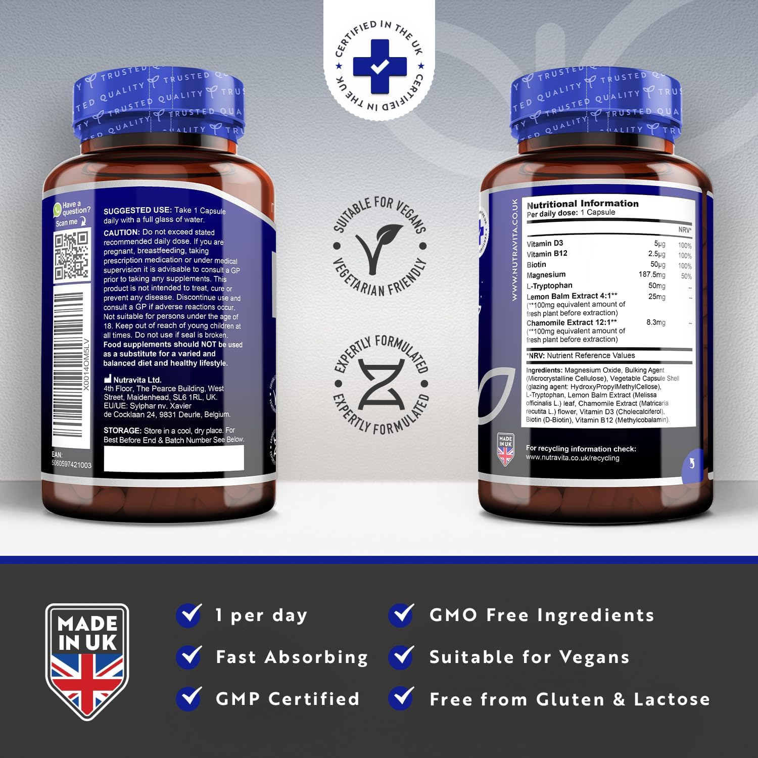 Nutravita Natural Night Complex– with Lemon Balm, Chamomile, 5HTP, Magnesium, Vitamin B12 –120 Capsules منتج طبيعي للنوم 120 كبسولة - Image 3