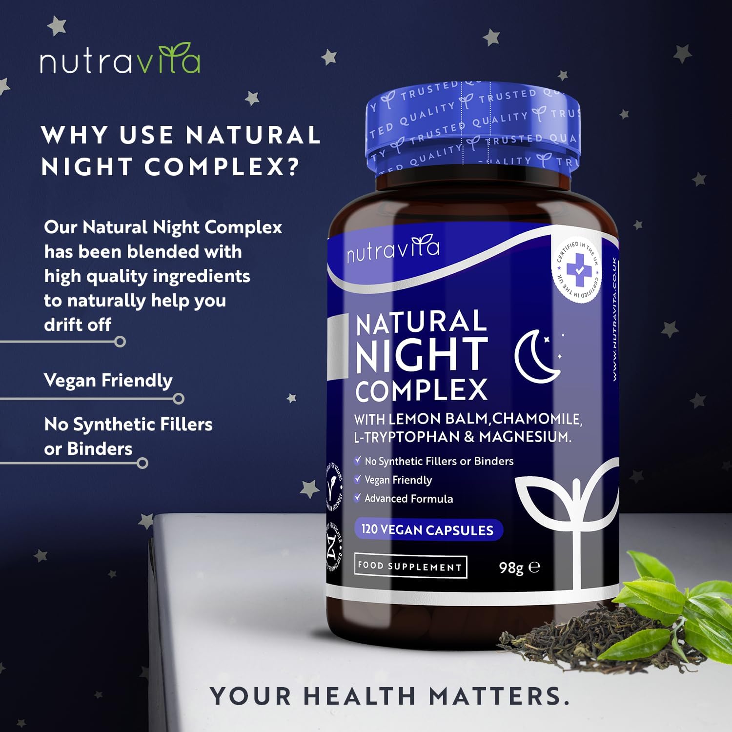 Nutravita Natural Night Complex– with Lemon Balm, Chamomile, 5HTP, Magnesium, Vitamin B12 –120 Capsules منتج طبيعي للنوم 120 كبسولة - Image 2
