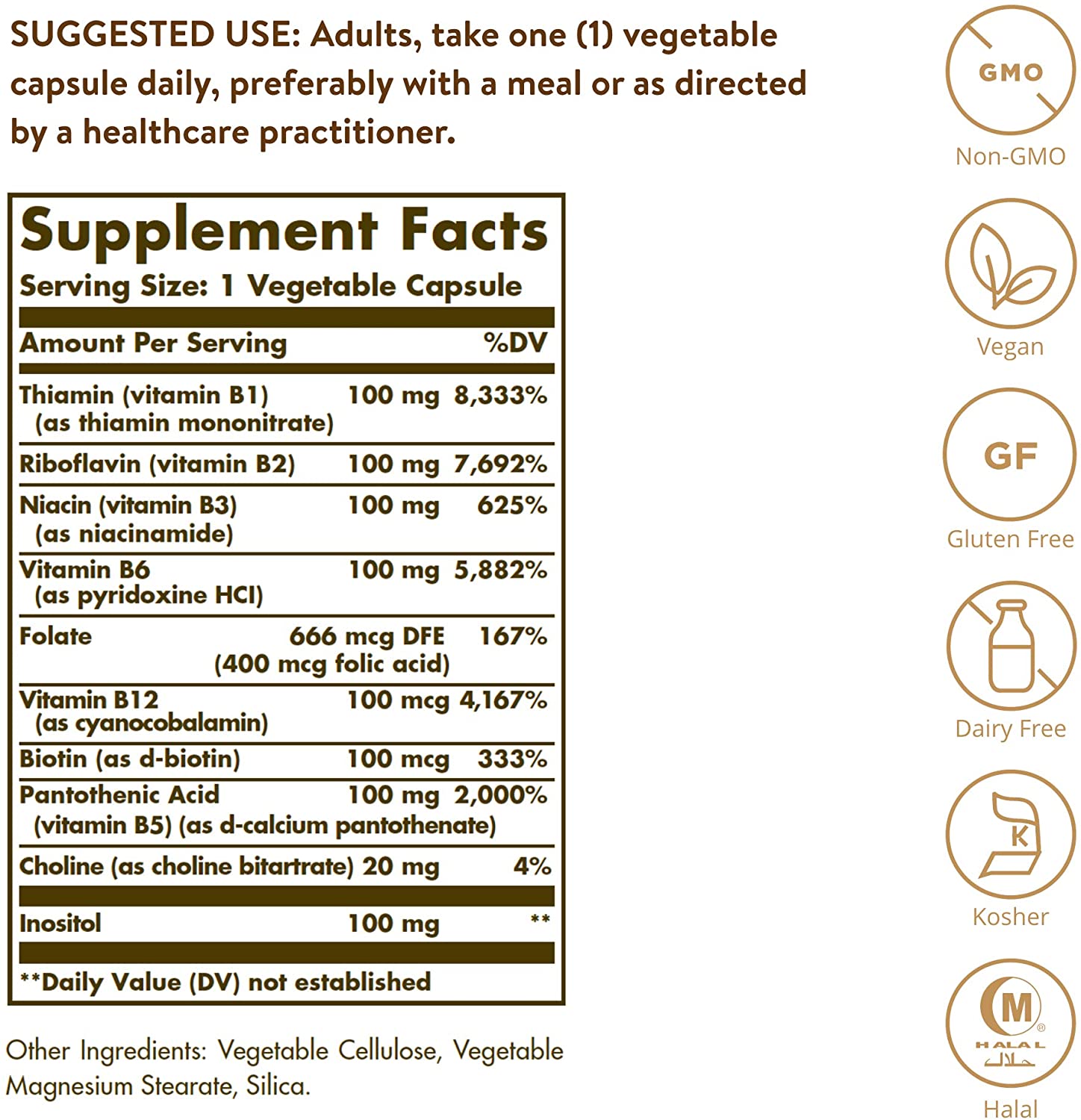 Solgar B-Complex “100”, Energy & Nervous System Support, Ingredients