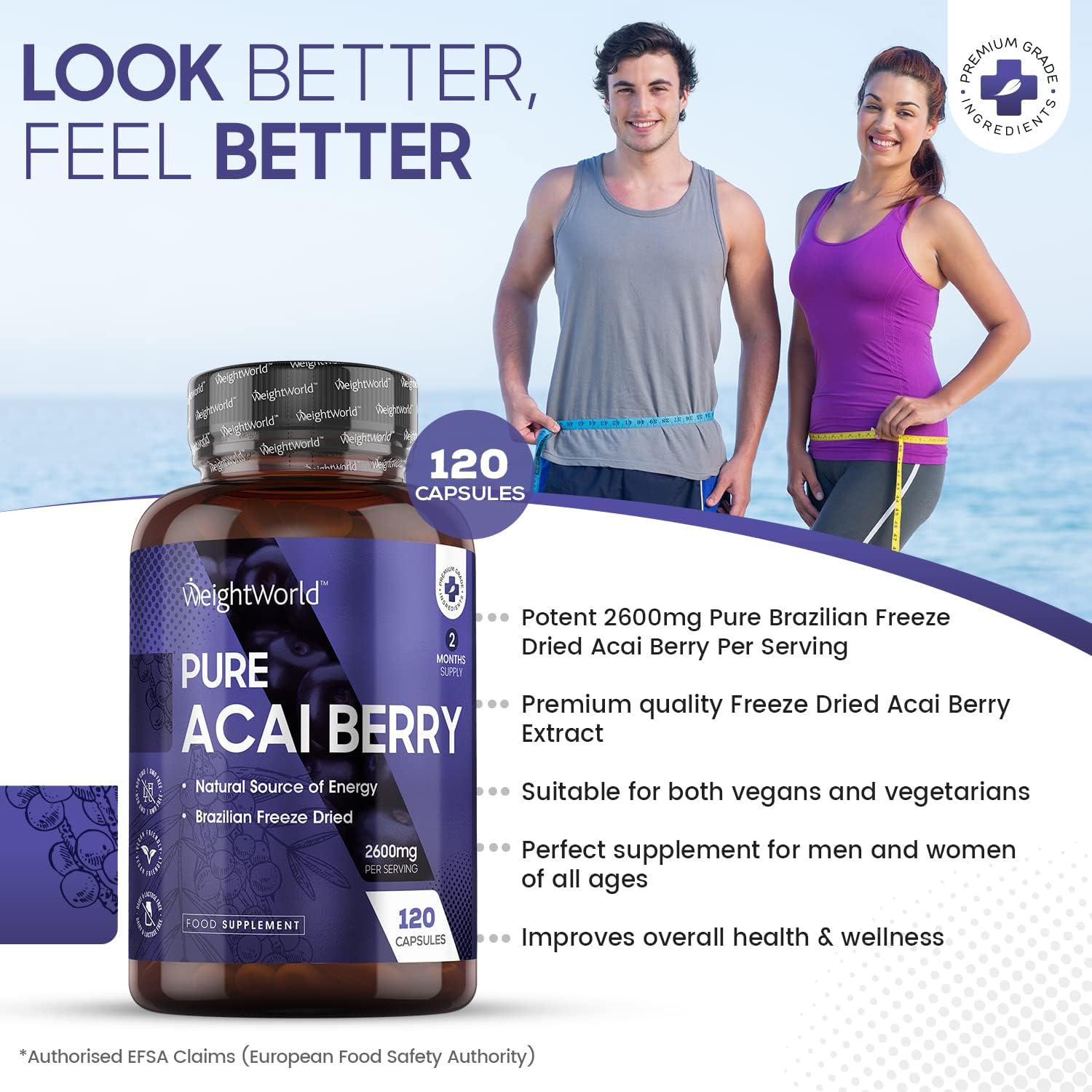 WeightWorld Pure Acai Berry Tablets - 2600mg Strength Servings - 120 Capsules (2 Month Supply), Natural Freeze Dried Acai Berries for Diet & Detox