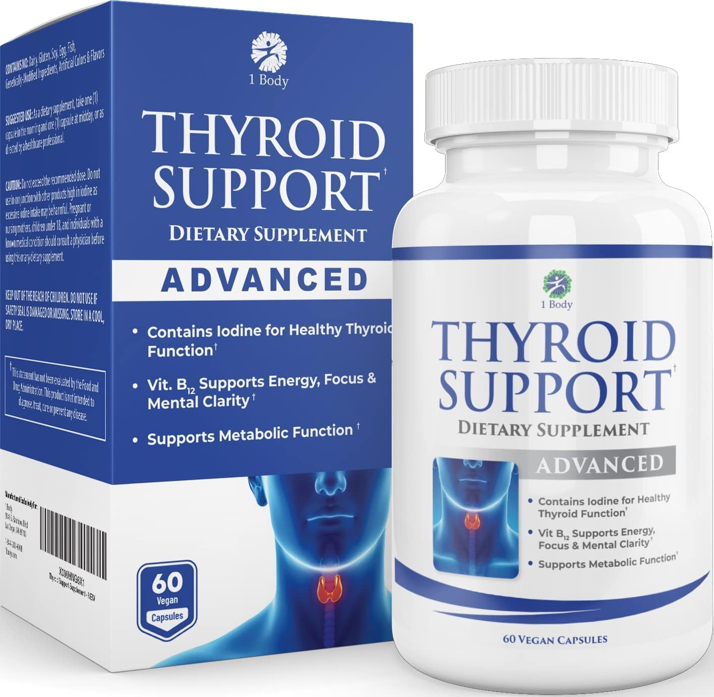 1Body Thyroid Support Supplement with Iodine - Energy & Focus Formula - Vegetarian & Non-GMO - Vitamin B12 Complex, Zinc, Selenium, Ashwagandha, Copper, Coleus Forskohlii & More 30 Day Supply بودى 1 مكمل داعم للغدة الدرقية مع اليود ، لزيادة الطاقة والتركيز ، نباتى ويحتوى على فيتامين ب 12 والزنك والسيلينيوم ، يكفى لأكثر من 30 يوم