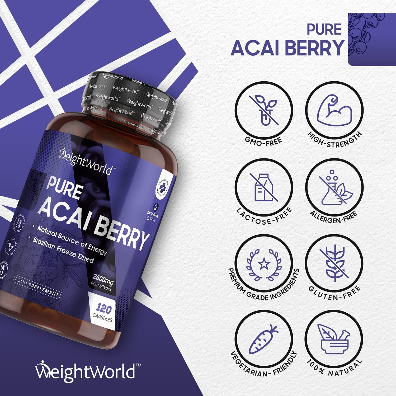 WeightWorld Pure Acai Berry Tablets - 2600mg Strength Servings - 120 Capsules (2 Month Supply), Natural Freeze Dried Acai Berries for Diet & Detox