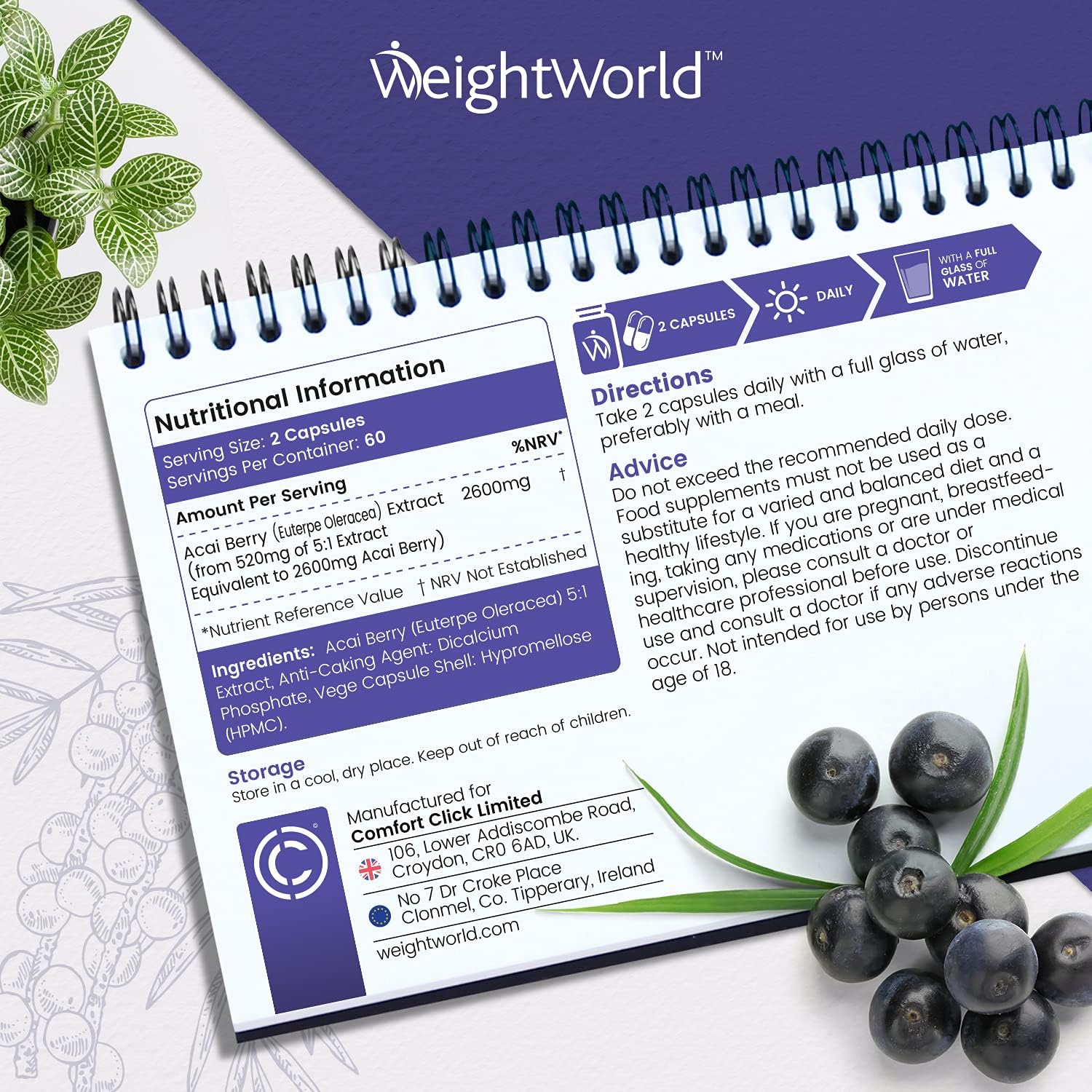 WeightWorld Pure Acai Berry Tablets - 2600mg Strength Servings - 120 Capsules (2 Month Supply), Natural Freeze Dried Acai Berries for Diet & Detox