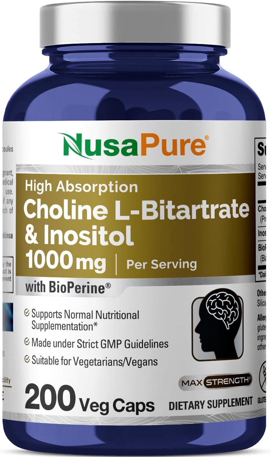 Nusapure Choline & Inositol 1000mg - 200 Capsules الكولين والاينوزيتول 1000مجم للجرعة ، 200 كبسولة