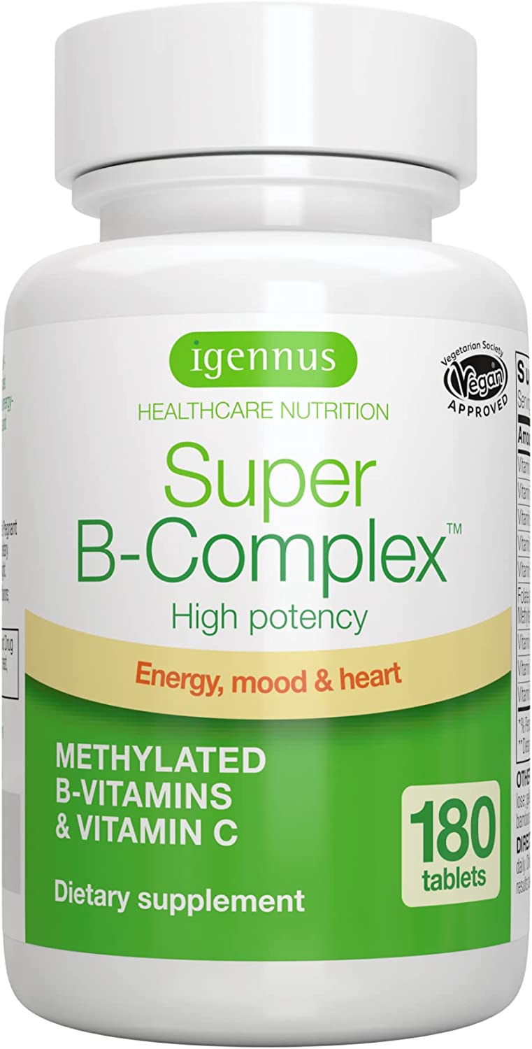 Igennus Super B-Complex – Methylated Sustained Release B Complex & Vitamin C, Folate & Methylcobalamin, Vegan, 180 Small Tablets