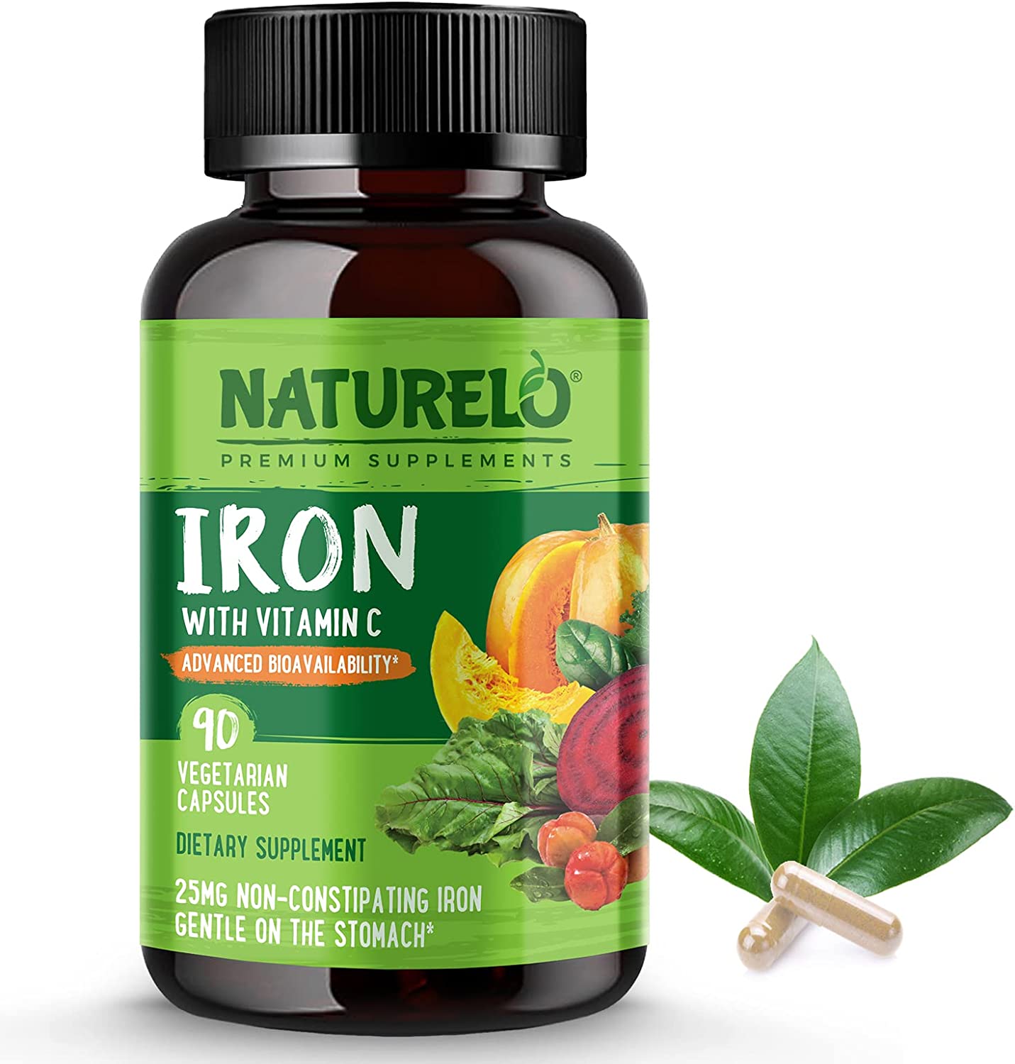NATURELO Vegan Iron Supplement with Whole Food Vitamin C - Best Natural Iron Pills for Women & Men w/ Iron Deficiency Including Pregnancy, Anemia and Vegan Diets - 90 Mini Capsules ناتشريلو حديد نباتى مع فيتامين ج ، أفضل حبوب حديد طبيعى للرجال والنساء ، لعلاج فقر الدم و للأمهات الحوامل ، 90 كبسولة صغيرة