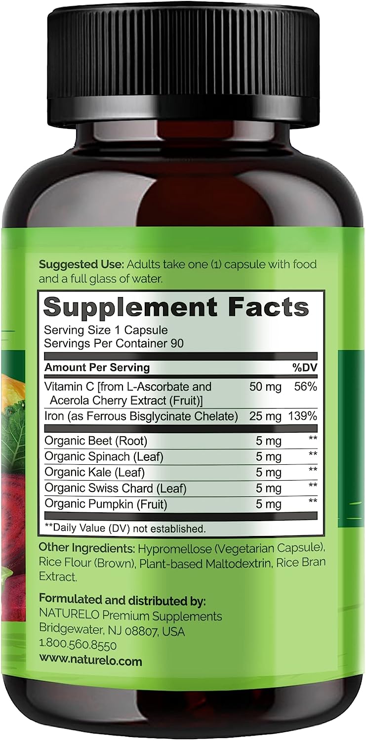 NATURELO Vegan Iron Supplement with Whole Food Vitamin C - Best Natural Iron Pills for Women & Men w/ Iron Deficiency Including Pregnancy, Anemia and Vegan Diets - 90 Mini Capsules ناتشريلو حديد نباتى مع فيتامين ج ، أفضل حبوب حديد طبيعى للرجال والنساء ، لعلاج فقر الدم و للأمهات الحوامل ، 90 كبسولة صغيرة