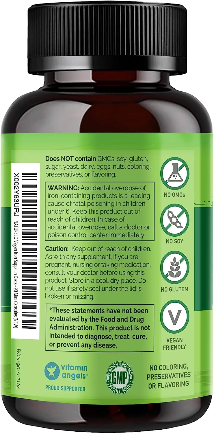 NATURELO Vegan Iron Supplement with Whole Food Vitamin C - Best Natural Iron Pills for Women & Men w/ Iron Deficiency Including Pregnancy, Anemia and Vegan Diets - 90 Mini Capsules ناتشريلو حديد نباتى مع فيتامين ج ، أفضل حبوب حديد طبيعى للرجال والنساء ، لعلاج فقر الدم و للأمهات الحوامل ، 90 كبسولة صغيرة