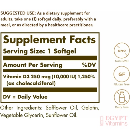 Solgar Vitamin D3 250 MCG (10,000 IU), Helps Maintain Healthy Bones & Teeth - Immune System Support ,120 Softgels فيتامين د3 ، 10000 وحدة دولية ، لتحسين صحة الجهاز المناعى ، ولصحة العظام والأسنان ، 120 جرعة