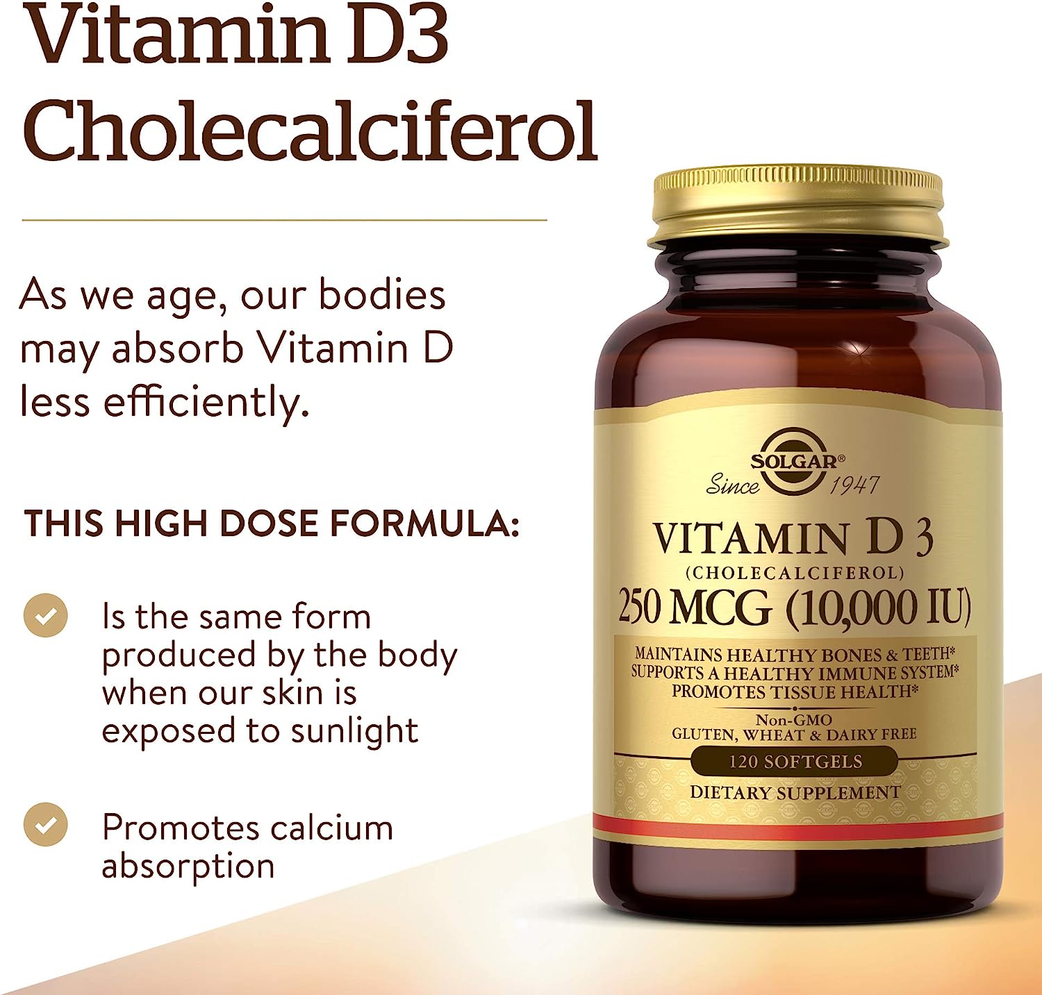 Solgar Vitamin D3 250 MCG (10,000 IU), Helps Maintain Healthy Bones & Teeth - Immune System Support ,120 Softgels فيتامين د3 ، 10000 وحدة دولية ، لتحسين صحة الجهاز المناعى ، ولصحة العظام والأسنان ، 120 جرعة