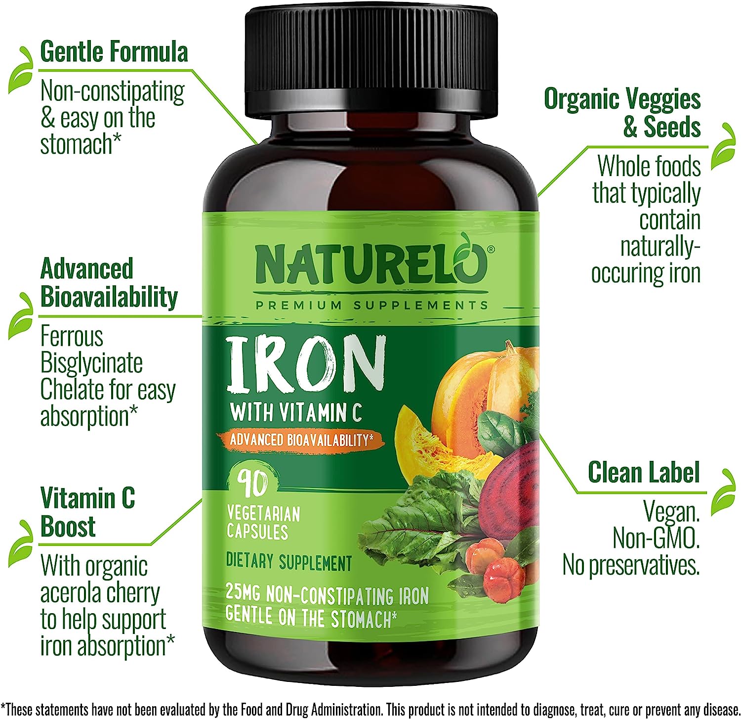 NATURELO Vegan Iron Supplement with Whole Food Vitamin C - Best Natural Iron Pills for Women & Men with Iron Deficiency, Anemia and Vegan Diets - 90 Mini Capsules <BR/> ناتشريلو حديد نباتى مع فيتامين ج ، أفضل حبوب حديد طبيعى للرجال والنساء ، لعلاج فقر الدم ، 90 كبسولة - Image 6