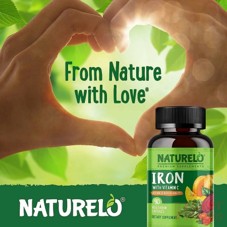 NATURELO Vegan Iron Supplement with Whole Food Vitamin C - Best Natural Iron Pills for Women & Men w/ Iron Deficiency Including Pregnancy, Anemia and Vegan Diets - 90 Mini Capsules ناتشريلو حديد نباتى مع فيتامين ج ، أفضل حبوب حديد طبيعى للرجال والنساء ، لعلاج فقر الدم و للأمهات الحوامل ، 90 كبسولة صغيرة
