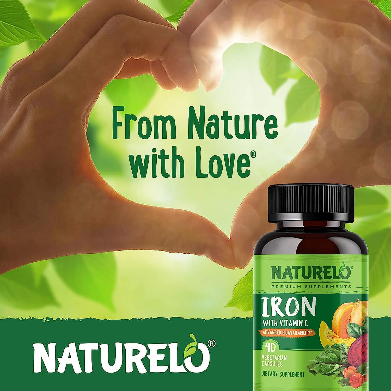 NATURELO Vegan Iron Supplement with Whole Food Vitamin C - Best Natural Iron Pills for Women & Men w/ Iron Deficiency Including Pregnancy, Anemia and Vegan Diets - 90 Mini Capsules ناتشريلو حديد نباتى مع فيتامين ج ، أفضل حبوب حديد طبيعى للرجال والنساء ، لعلاج فقر الدم و للأمهات الحوامل ، 90 كبسولة صغيرة