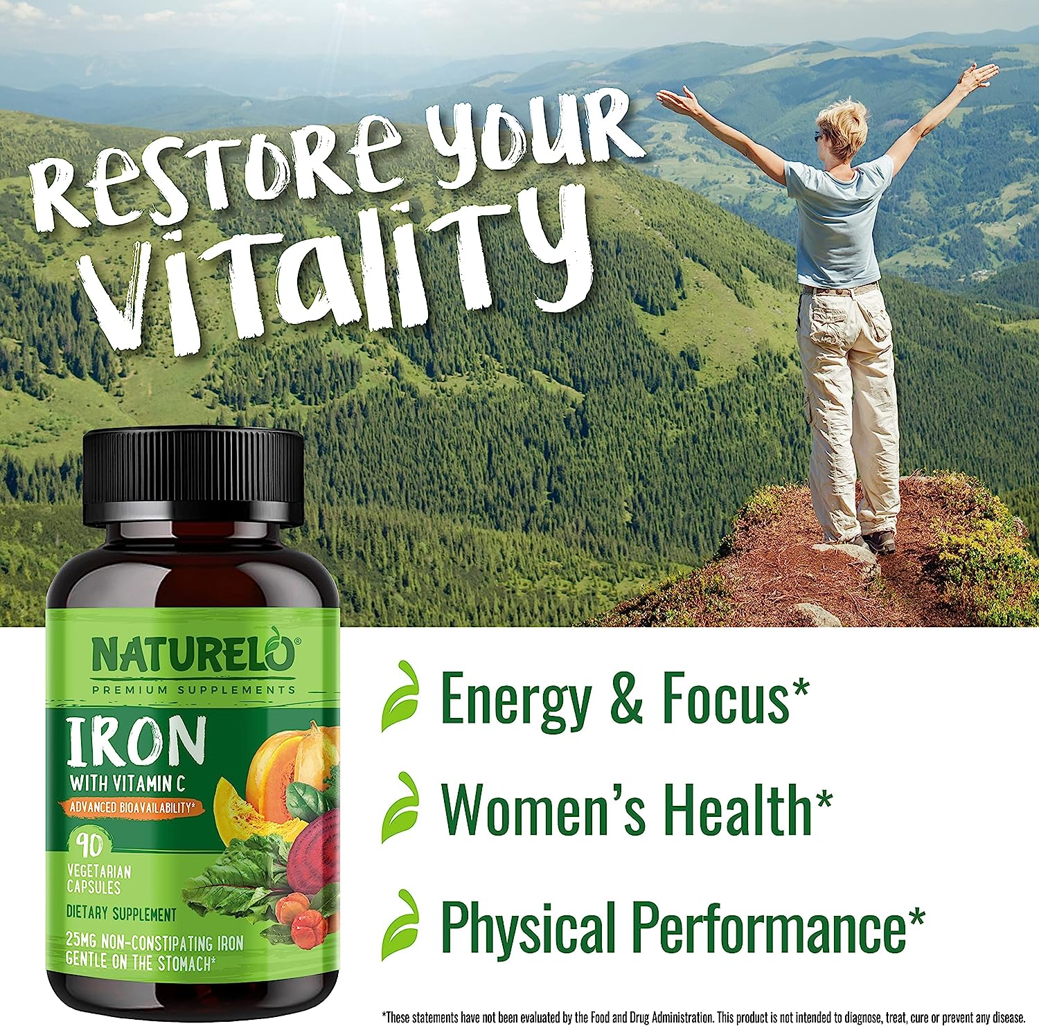 NATURELO Vegan Iron Supplement with Whole Food Vitamin C - Best Natural Iron Pills for Women & Men with Iron Deficiency, Anemia and Vegan Diets - 90 Mini Capsules <BR/> ناتشريلو حديد نباتى مع فيتامين ج ، أفضل حبوب حديد طبيعى للرجال والنساء ، لعلاج فقر الدم ، 90 كبسولة - Image 7