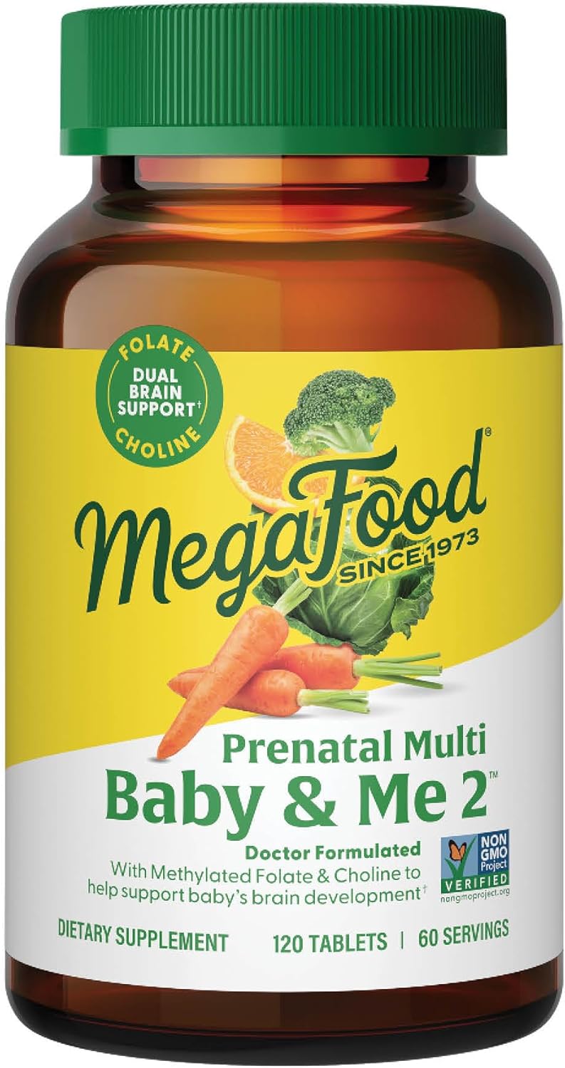 MegaFood, Baby & Me 2 Prenatal Multi, Prenatal and Postnatal Vitamin with Active Form of Folic Acid, Iron, Choline, Non-GMO, 120 Tablets ميجا فود ، بيبى وأنا2 _ فيتامينات متعددة للأمهات الحوامل و لنمو الجنين مع شكل نشط من حمض الفوليك والحديد والكولين ، 120 حباية