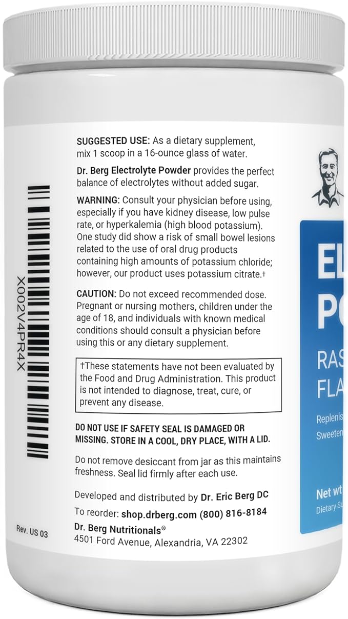 Dr. Berg Zero Sugar Hydration Keto Electrolyte Powder - Enhanced w 1,000mg of Potassium & Real Pink Himalayan Salt (NOT Table Salt) - Raspberry & Lemon Flavor Hydration Drink Supplement, 100 Servings