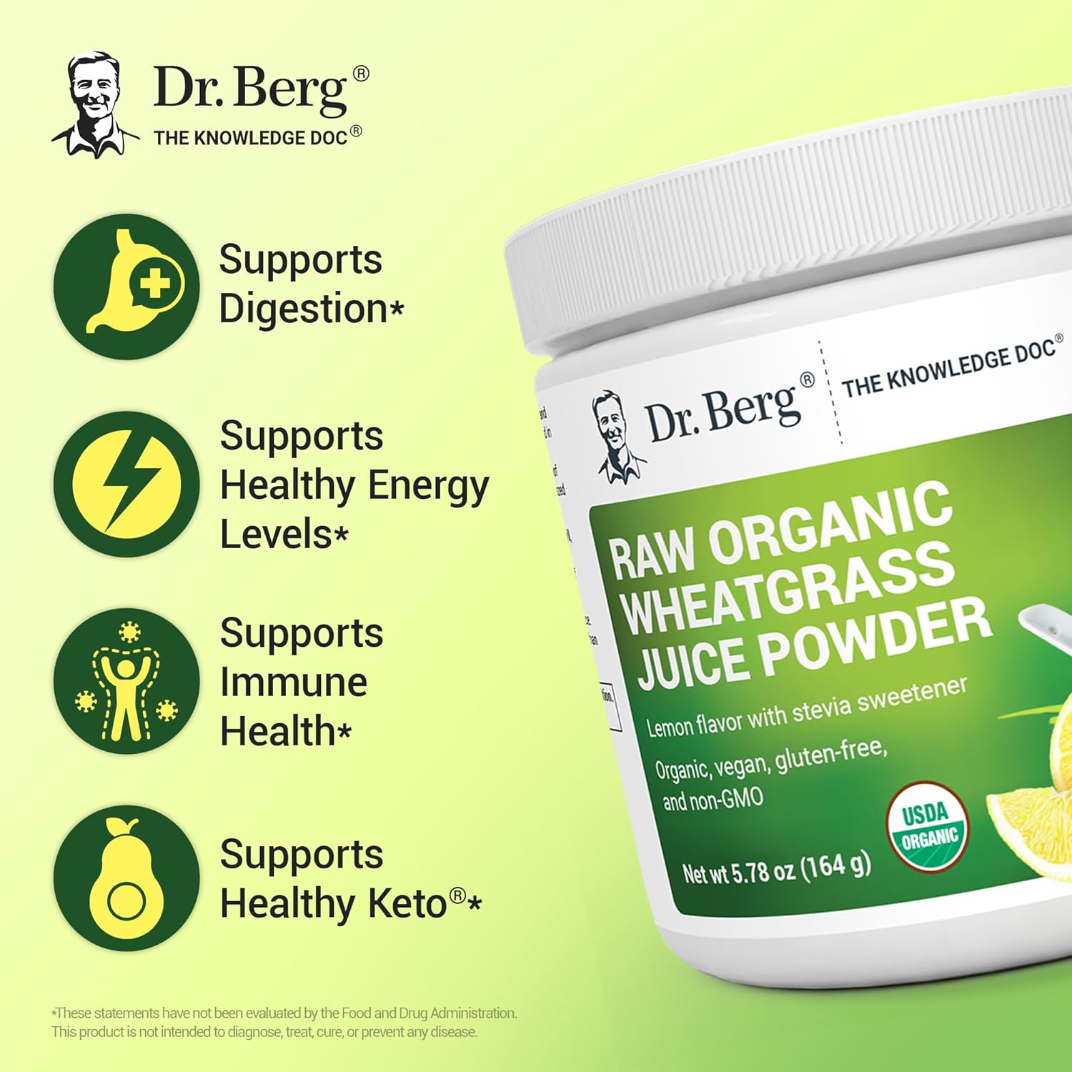 Dr. Berg's Raw Wheatgrass Juice Powder (Lemon Flavor) – 164 Grams - Image 3
