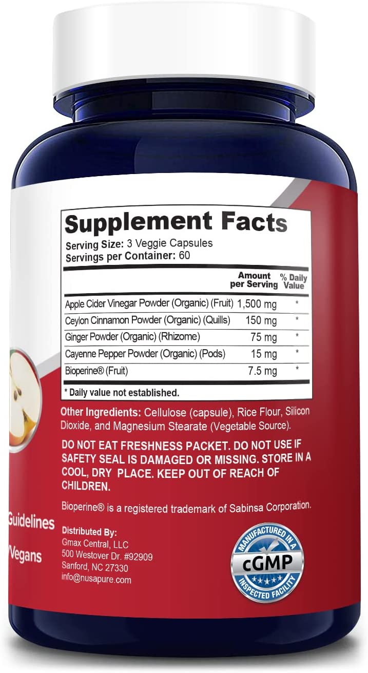 NusaPure Apple Cider Vinegar Complex, Organic ACV,Ceylon Cinnamon, Organic Ginger, Bioperine,180 Capsules خليط خل التفاح+الكركم والجنزبيل والفلفل الحار 1500مجم للجرعة اليومية ، 180 كبسولة نباتية - Image 2