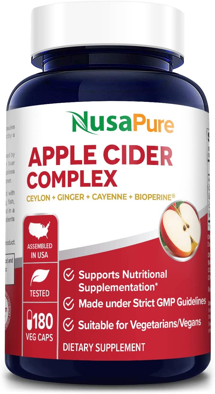 NusaPure Apple Cider Vinegar Complex, Organic ACV,Ceylon Cinnamon, Organic Ginger, Bioperine,180 Capsules خليط خل التفاح+الكركم والجنزبيل والفلفل الحار 1500مجم للجرعة اليومية ، 180 كبسولة نباتية