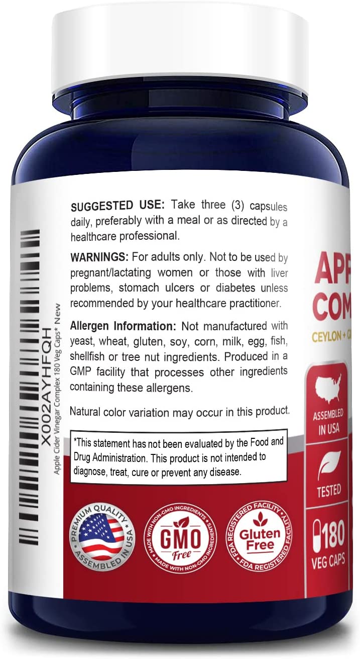 NusaPure Apple Cider Vinegar Complex, Organic ACV,Ceylon Cinnamon, Organic Ginger, Bioperine,180 Capsules خليط خل التفاح+الكركم والجنزبيل والفلفل الحار 1500مجم للجرعة اليومية ، 180 كبسولة نباتية - Image 3