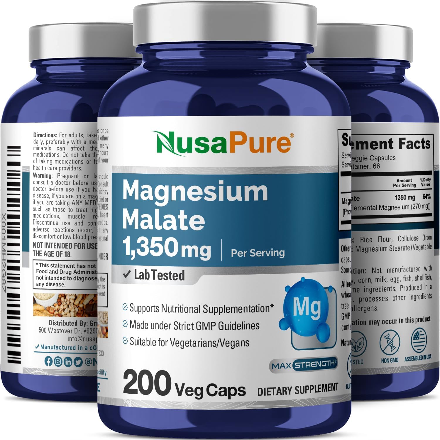 Nusapure Magnesium Malate 1350 mg, 200 Capsules