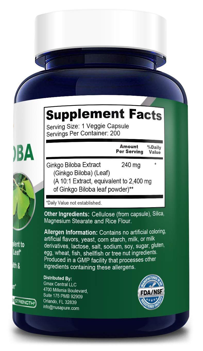 Nusapure Ginkgo Biloba Extract 2400 mg Per Veggie Caps 200 Capsules خلاصة الجنكجو بيلوبا تركيز 2400 مجم ،200 كبسولة نباتية - Image 2