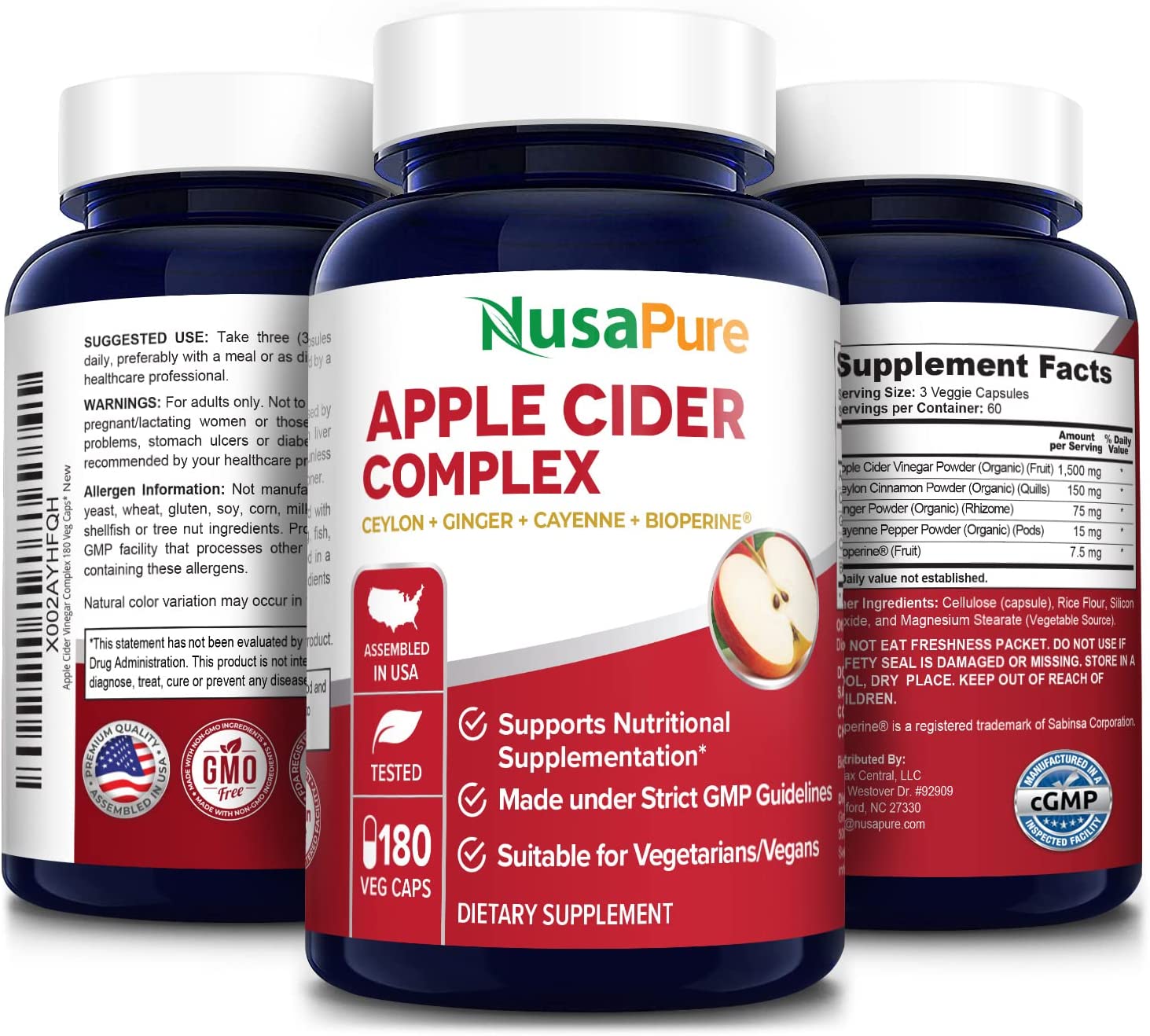 NusaPure Apple Cider Vinegar Complex, Organic ACV,Ceylon Cinnamon, Organic Ginger, Bioperine,180 Capsules خليط خل التفاح+الكركم والجنزبيل والفلفل الحار 1500مجم للجرعة اليومية ، 180 كبسولة نباتية - Image 7
