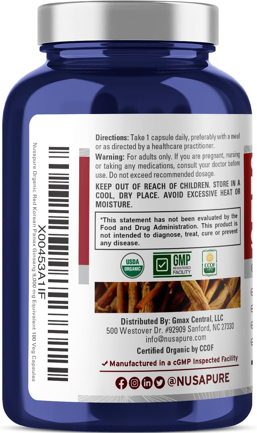 Nusapure Red Korean Panax Ginseng 9000mg 180 Caps