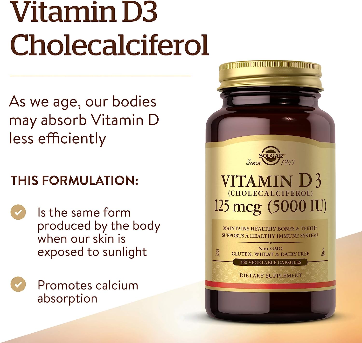 Solgar Vitamin D3 (Cholecalciferol) 125 mcg (5,000 IU) |360 Capsules - Image 5