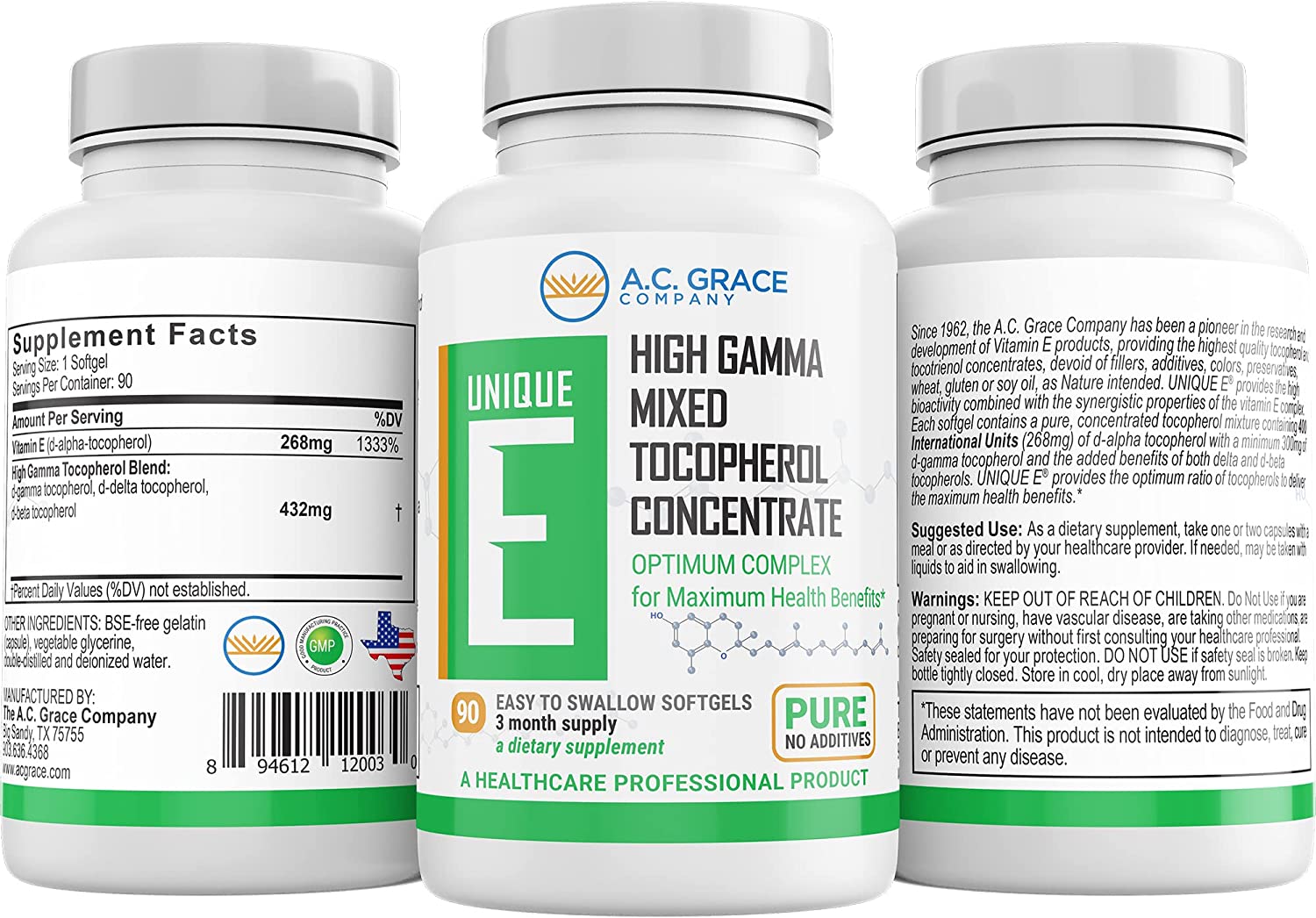 A.C. Grace, Unique E Mixed Tocopherols Concentrate Softgels, 90 Softgels - Image 2