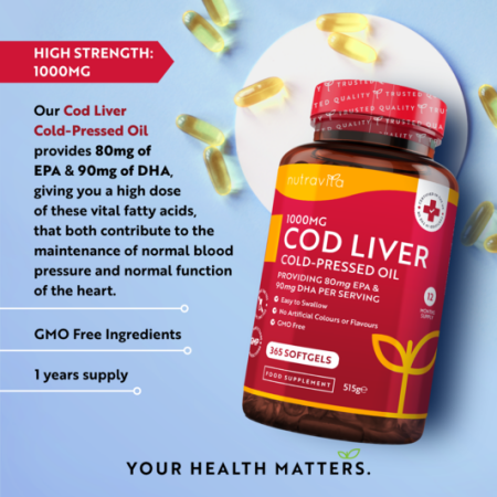 high strength Nutravita Cod Liver Oil 1000mg Cold-Pressed Fish Oil 365 Softgels