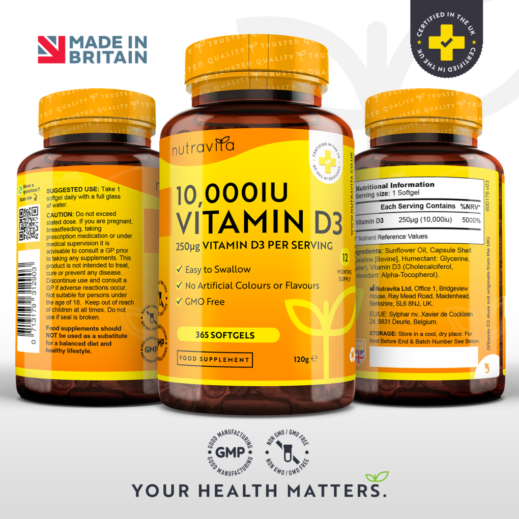 Nutravita Vitamin D3 10,000iu (250µg) - 365 capsulesنيوترافيتا فيتامين د3 10000 وحدة دولية ، 365 سوفت جيل - Image 5
