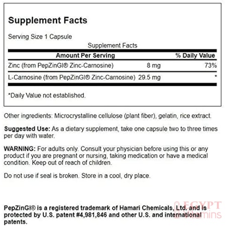 ingredients of Swanson Zinc Carnosine – Natural Supplement Promoting Gastric Health &Digestive Support – Supports Microbial Balance in The Stomach- 60 Capsules
