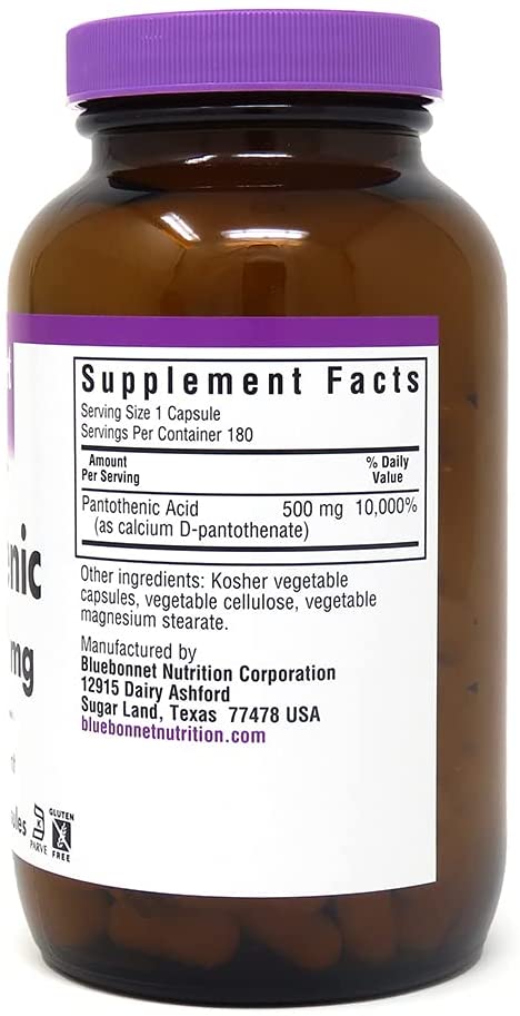 Bluebonnet Pantothenic Acid 500 mg Vegetable Capsules, 180 Count - Image 2