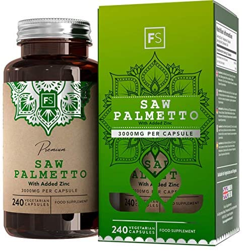 FS Saw Palmetto Capsules High Strength 3000mg with Added Zinc 15mg | Saw Palmetto Extract (20:1) | 240 Vegan Capsules - 8 Month Supply | Gluten Freeمستخلص بالميتو المنشار 3000 مجم للكبسولة بنسبة إستخلاص 1 : 20 مع الزنك ، 240 كبسولة نباتية تكفى 8 أشهر