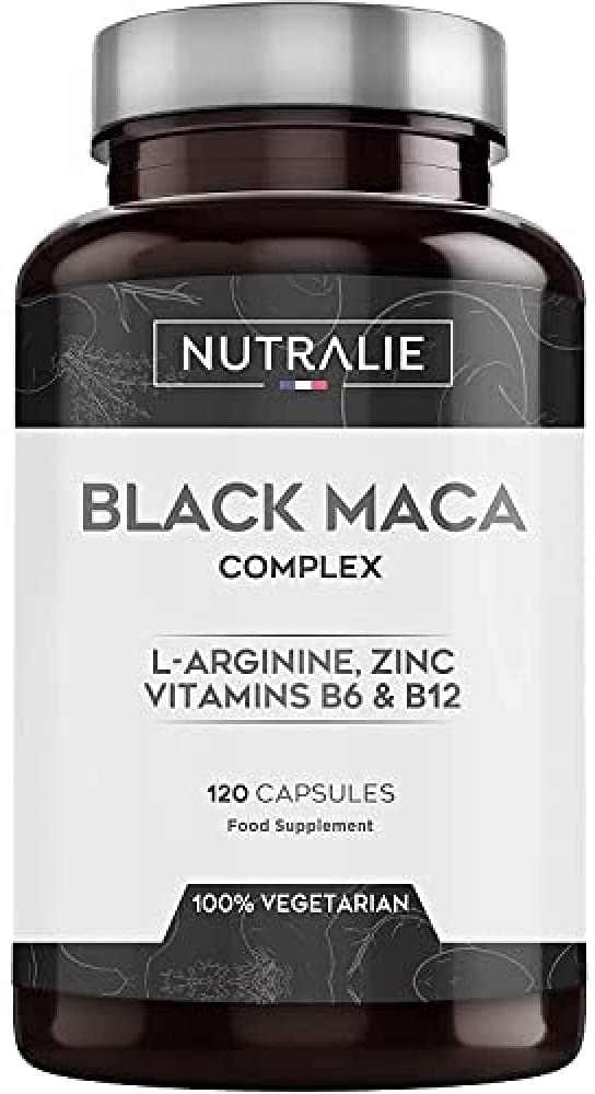 NUTRALIE Black Maca Equivalent to 24,000mg per dose of 1200mg with L-Arginine, Zinc and Vitamins B6 B12 | 120 Maca Vegetarian Capsules Highly Concentrated 20:1