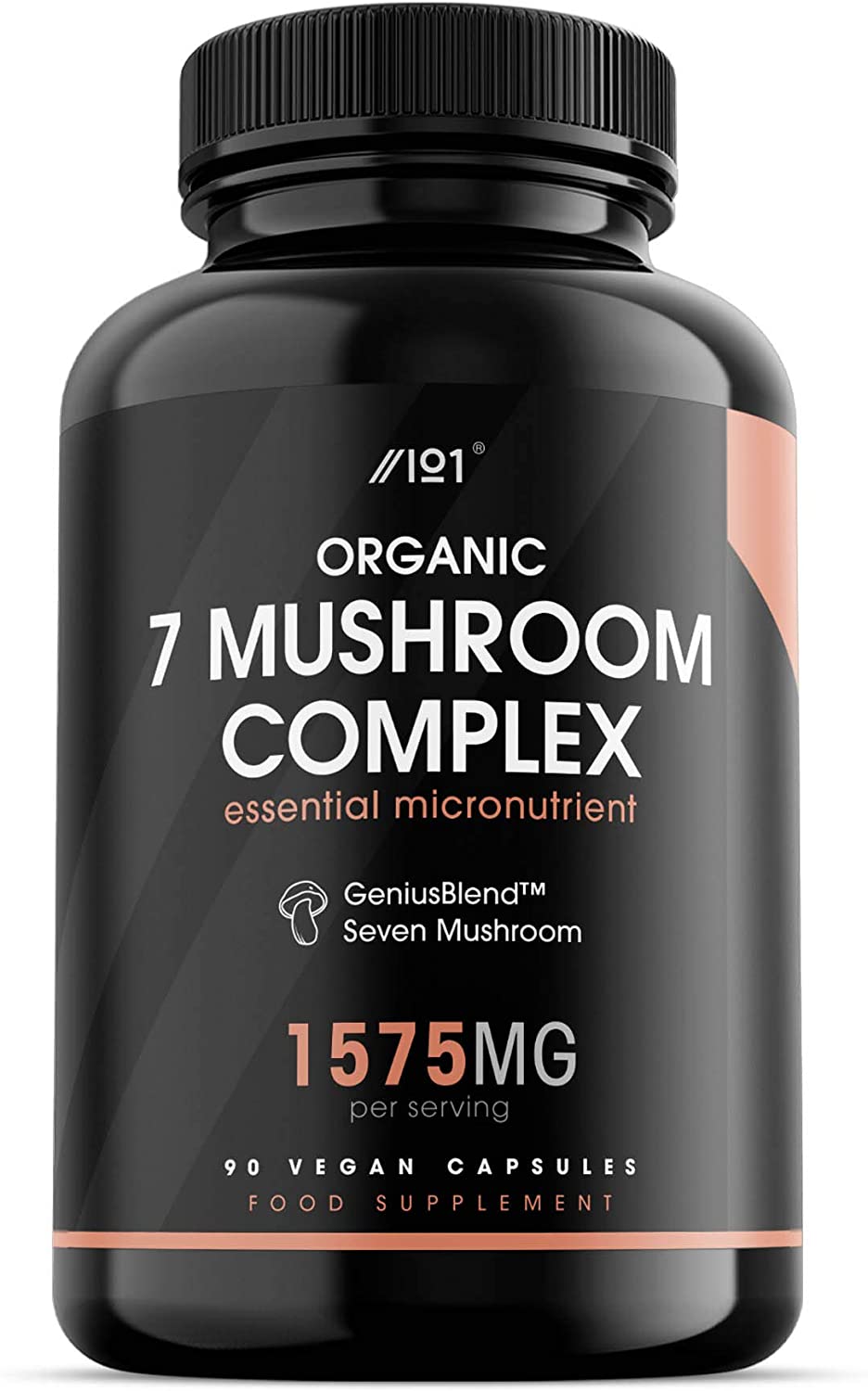 ALPHA01 Organic Seven Mushroom Complex Capsules - 1575mg - GeniusBlend® Synergistic Formula, 90 Vegan Capsules - No Additives — Non-GMO, Gluten Free خليط من سبع فطريات عيش الغراب العضوى 1575 مجم ، بدون إضافات ، 90 كبسولة نباتية