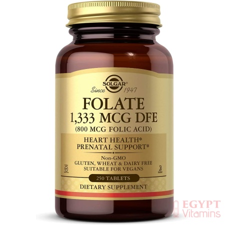 Solgar Folate 1,333 MCG Equivalent (800 mcg Folic Acid), Heart Health, Healthy Nervous System, pregnant Support, 250 Servings سولجار فولات 1,333 ميكروجرام( 800 ميكرو حمض الفوليك) لصحة القلب والجهاز العصبى ولصحة الأمهات الحوامل ، 250 حباية