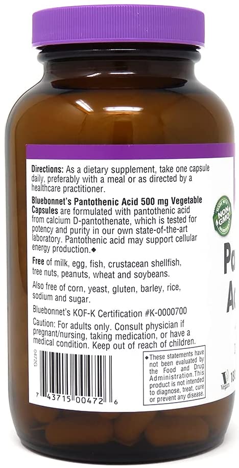 Bluebonnet Pantothenic Acid 500 mg Vegetable Capsules, 180 Count - Image 4